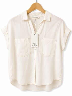 Stitch + Feather Tencel Short Sleeve Button-Up Shirt White Oversized NWT Medium